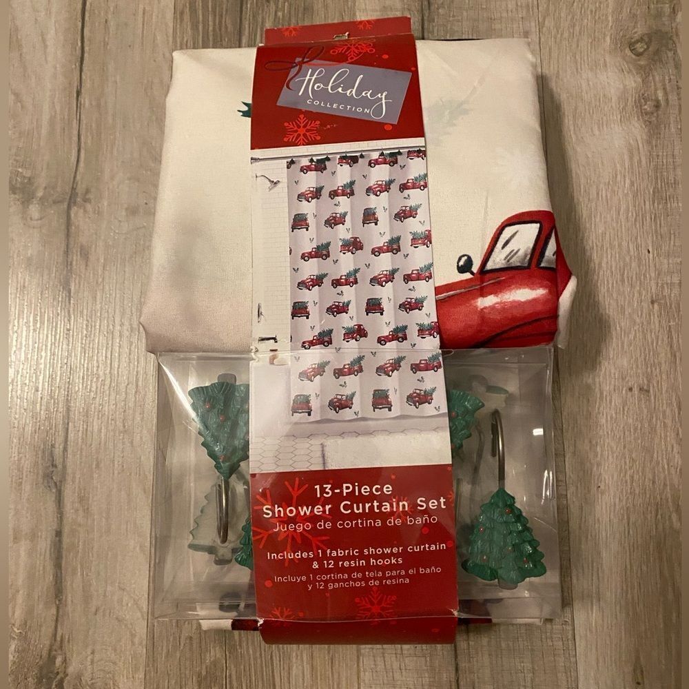 (Holiday Collection) Vintage Red Truck Christmas Tree Shower Curtain Set